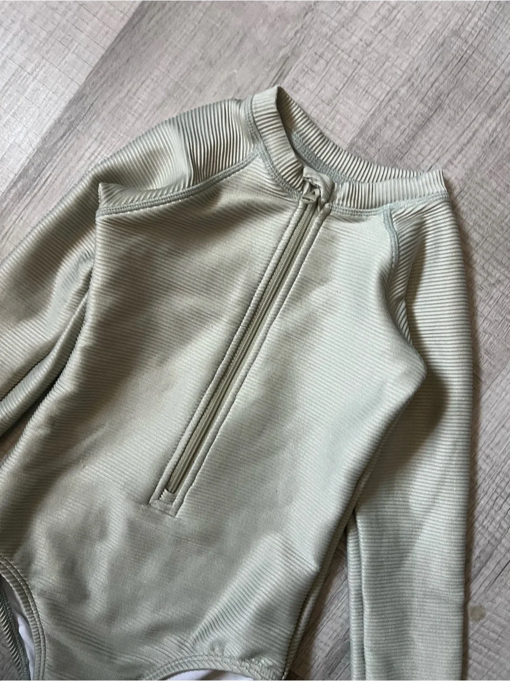 RYLEE + CRU Rashguard Ribbed Long Sleeve One-Piece Swimsuit in Sage Green 4-5Y